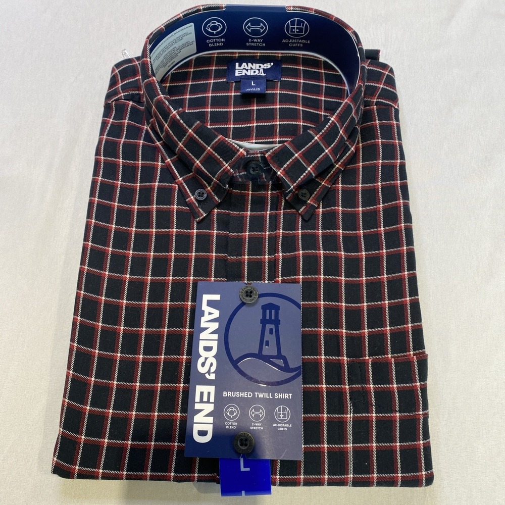Lands' End Men's Blue Brushed Twill Button-Down Shirt Size L